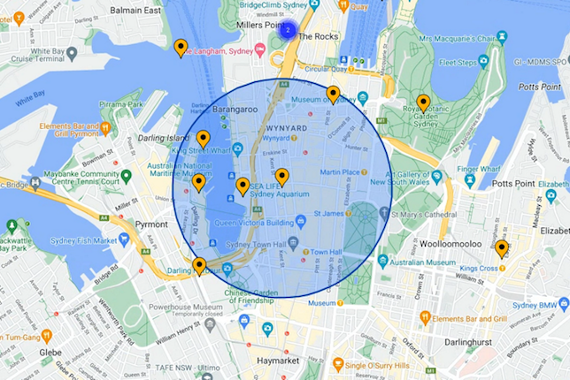 Mapa ilustrativo con radio de cobertura y distintos puntos de entrega
